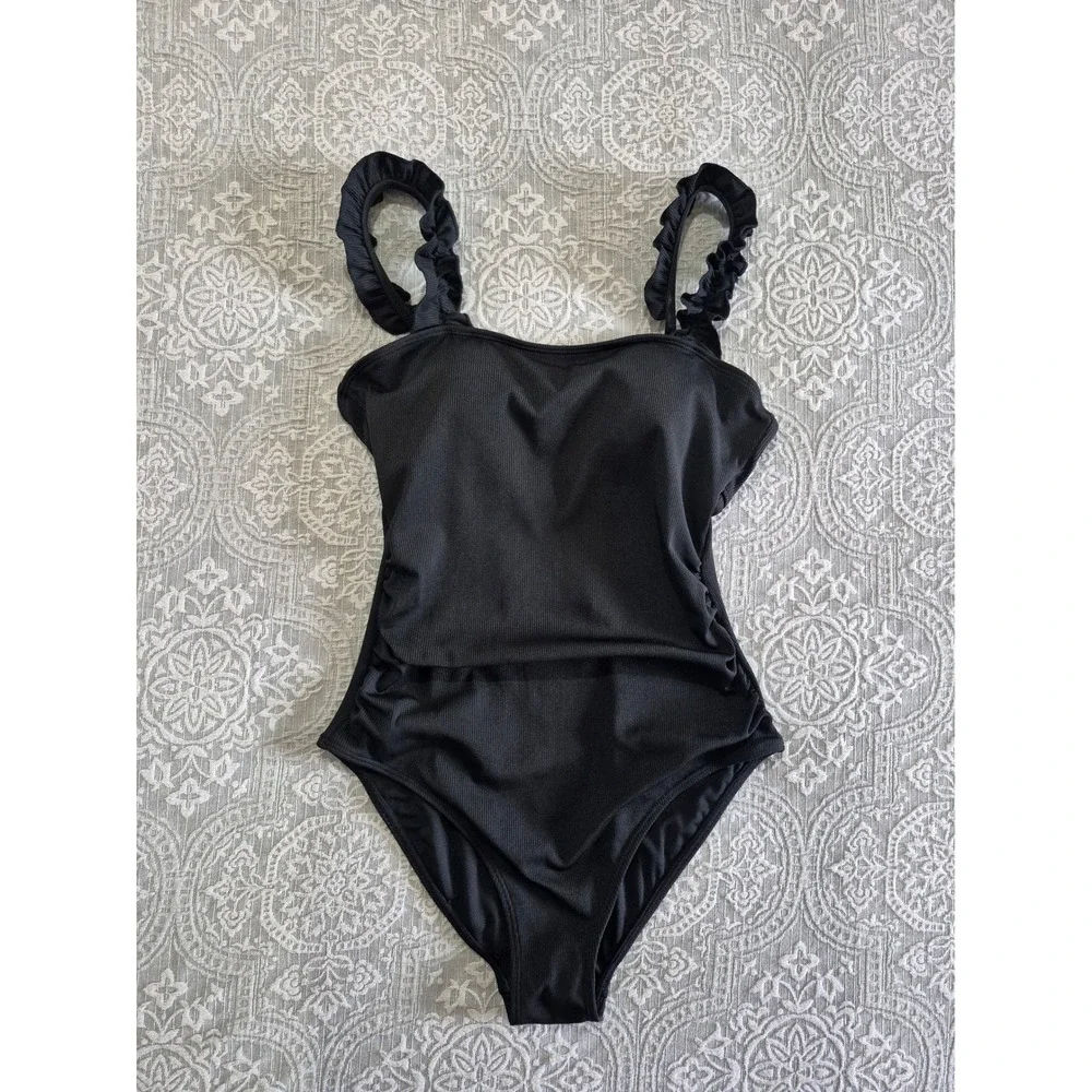 Eomenie Black Ribbed One Piece Swimsuit Ruffle Strap Medium‎ NEW